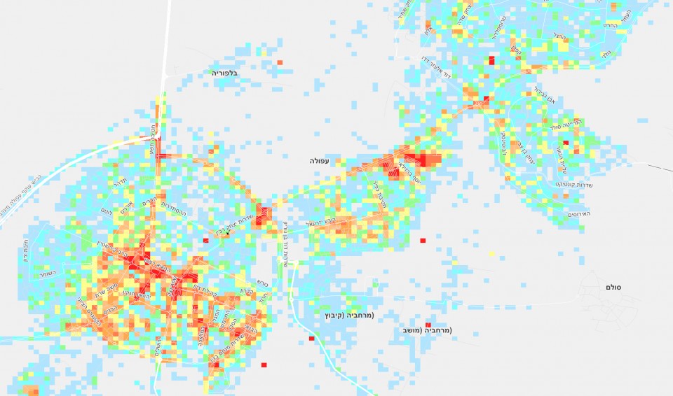 Heat Map -היכן בעפולה מסתובבים תושבי הערים השכנות המבקרים בה. המפה מבוססת על 13 מיליון איתותי סלולר של תושבי הערים השכנות בזמן שביקרו בעפולה.